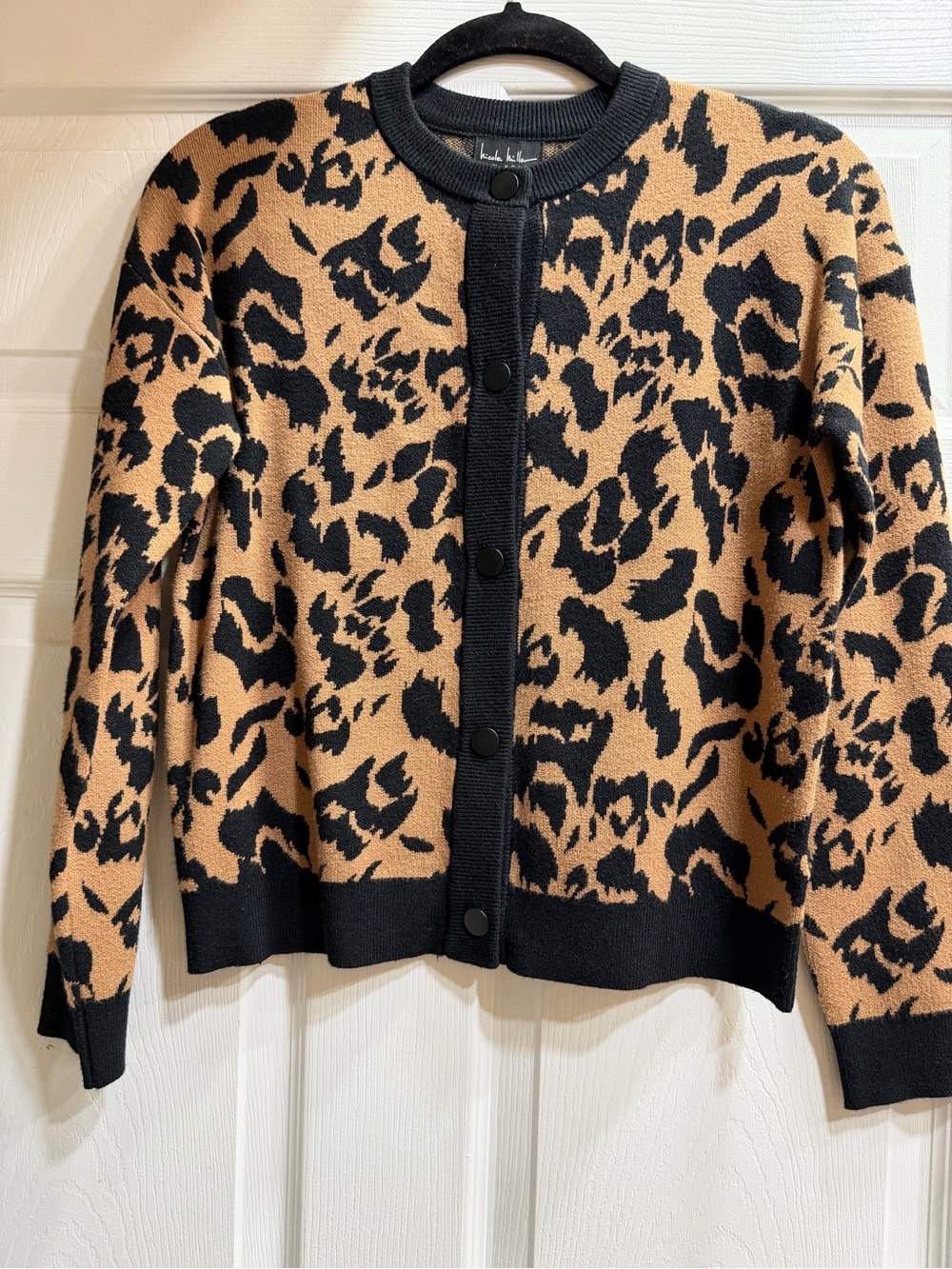 Nicole Miller Tan and Black Leopard-Print Button Cardigan